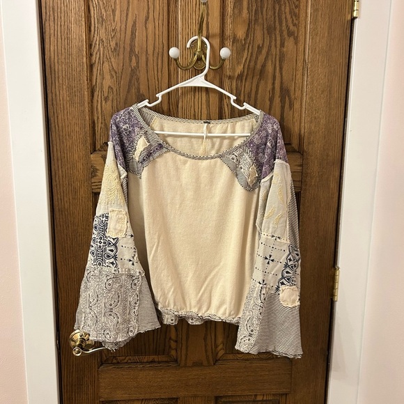 Free People In Pieces Bohemian Patchwork Top Cream and Purple Small - Picture 2 of 12